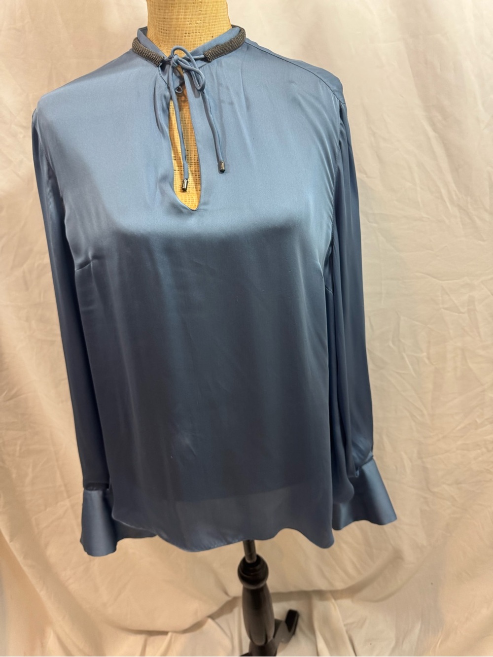 Brunello Cucinelli Women’s Blue Tie-Neck Satin Blouse 3 XL